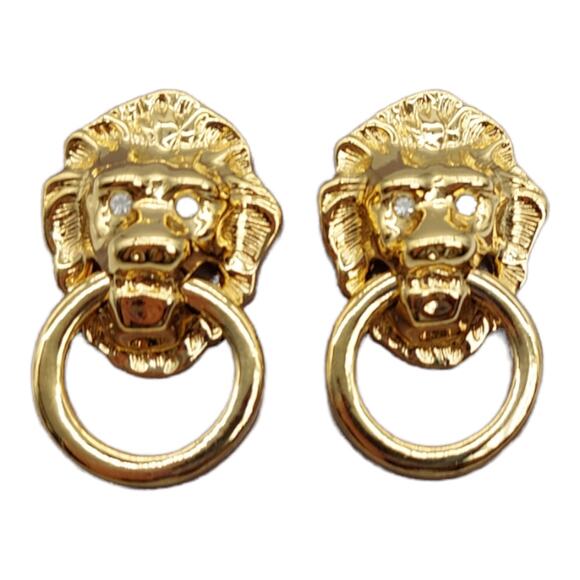 KJL Kenneth J Lane Lion Door Knocker Earrings Rhinestone NOS Avon Vintage 1986 - Picture 10 of 12